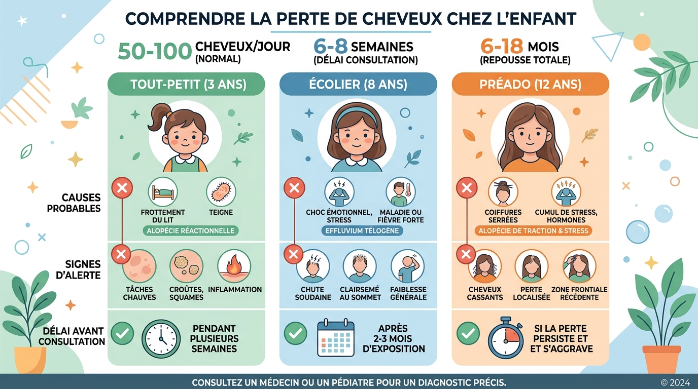 Tableau infographié des causes de perte de cheveux selon l'âge de l'enfant