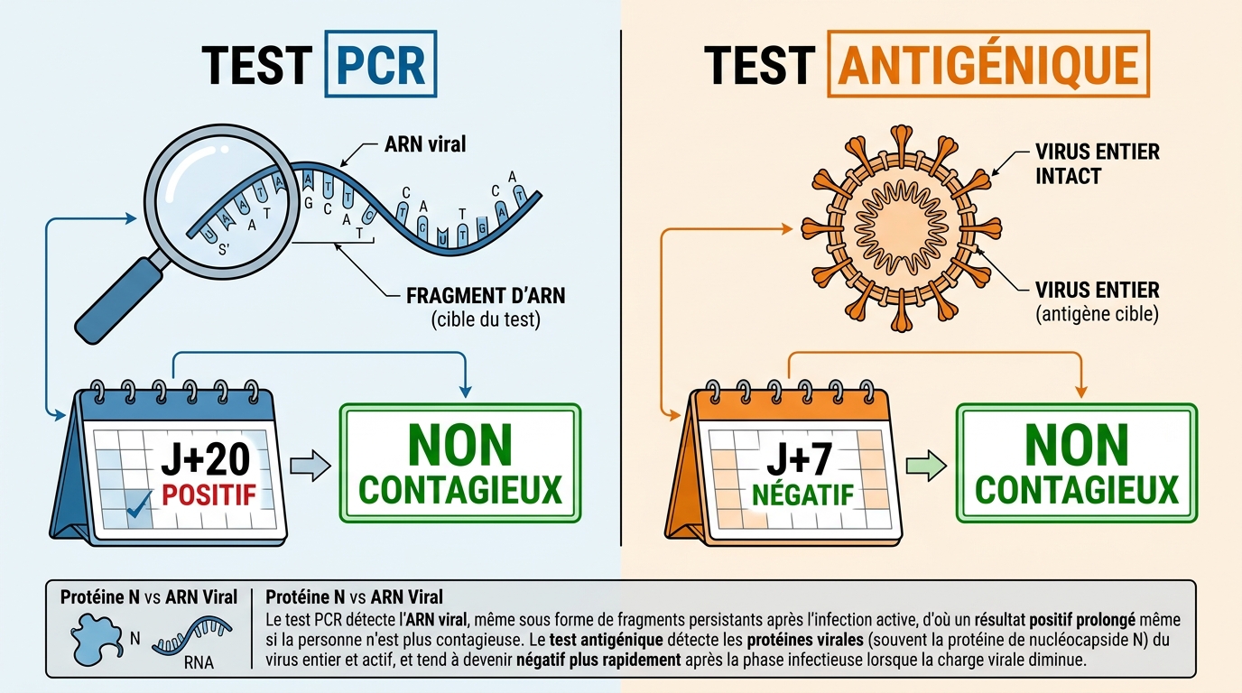 Schéma différenciant test PCR détectant ARN viral mort et antigénique détectant virus vivant