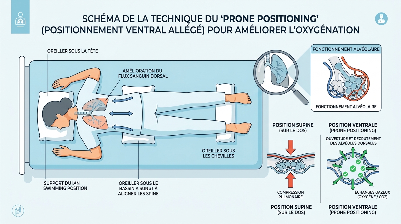 Schéma positionnement ventral pour améliorer respiration Covid
