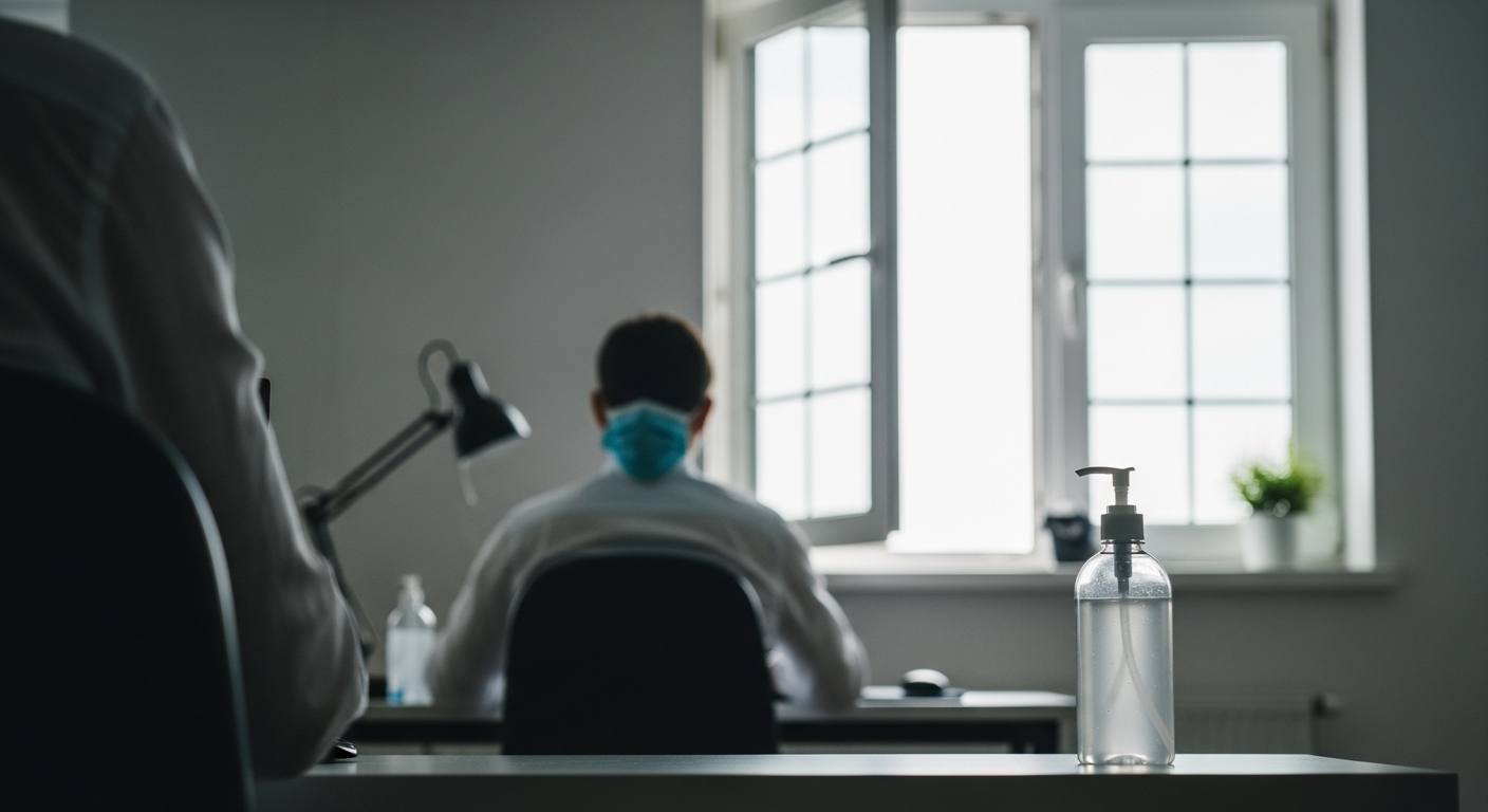 Employé de bureau portant un masque chirurgical dans un open space aéré post-Covid