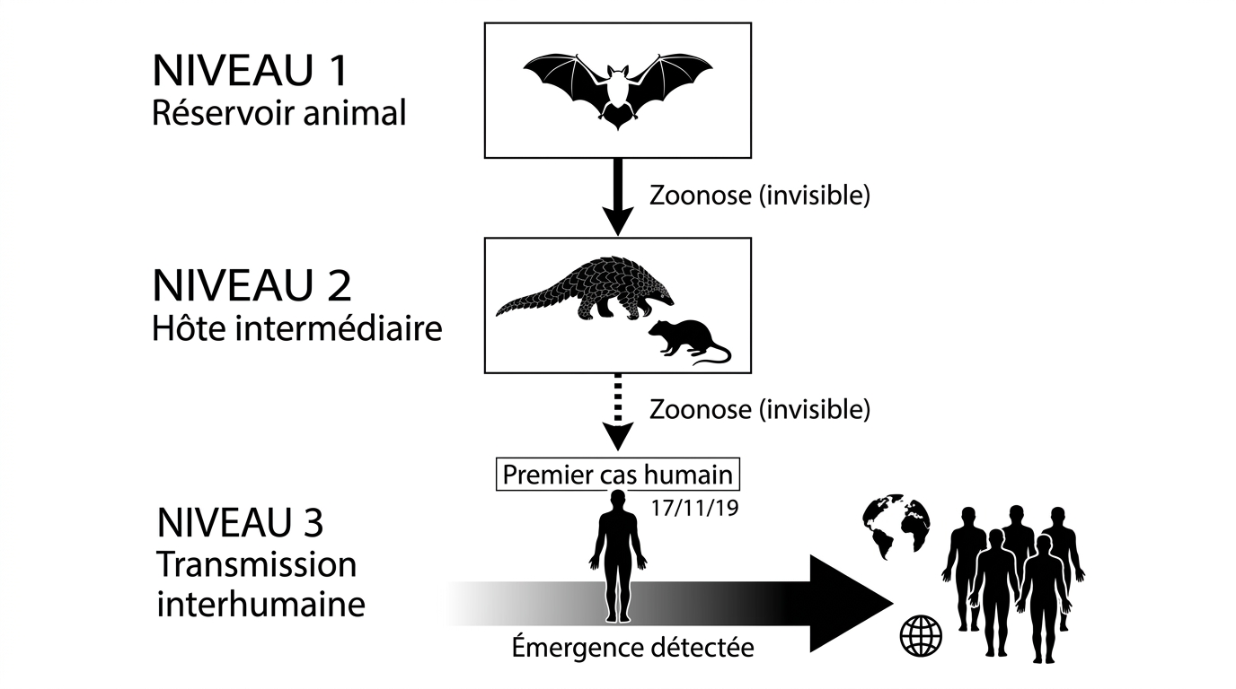 Schéma de transmission zoonotique du SARS-CoV-2 du réservoir animal à l'homme