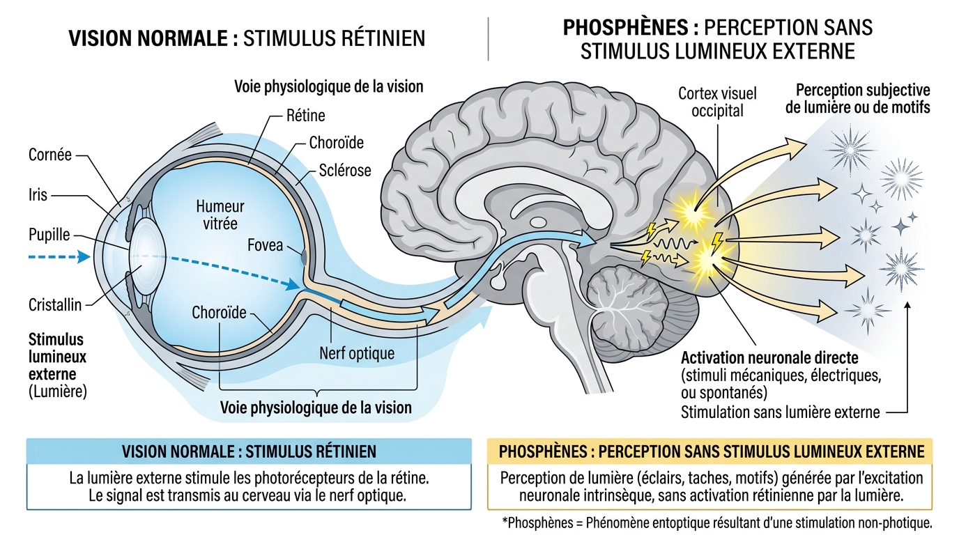 Schéma anatomique œil et cerveau expliquant les phosphènes vs vision normale