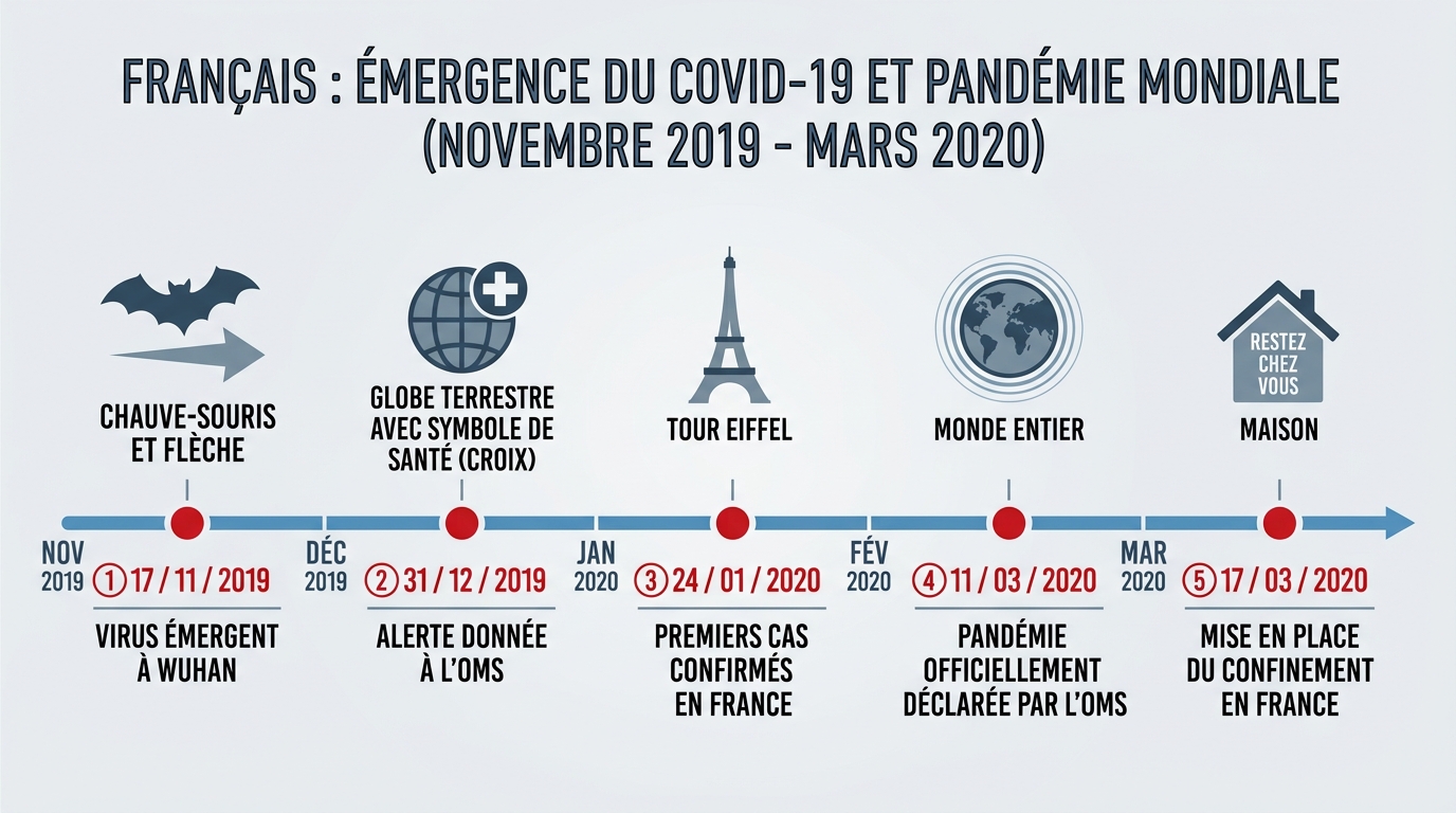 Timeline des 5 dates clés du début de la pandémie Covid de novembre 2019 à mars 2020
