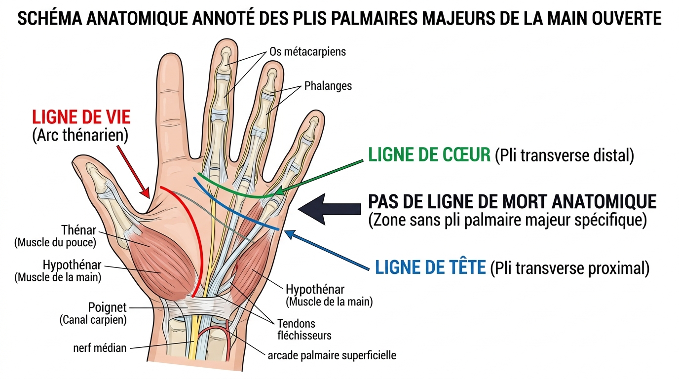 Schéma anatomique lignes de la main : vie, tête, cœur, localisation précise