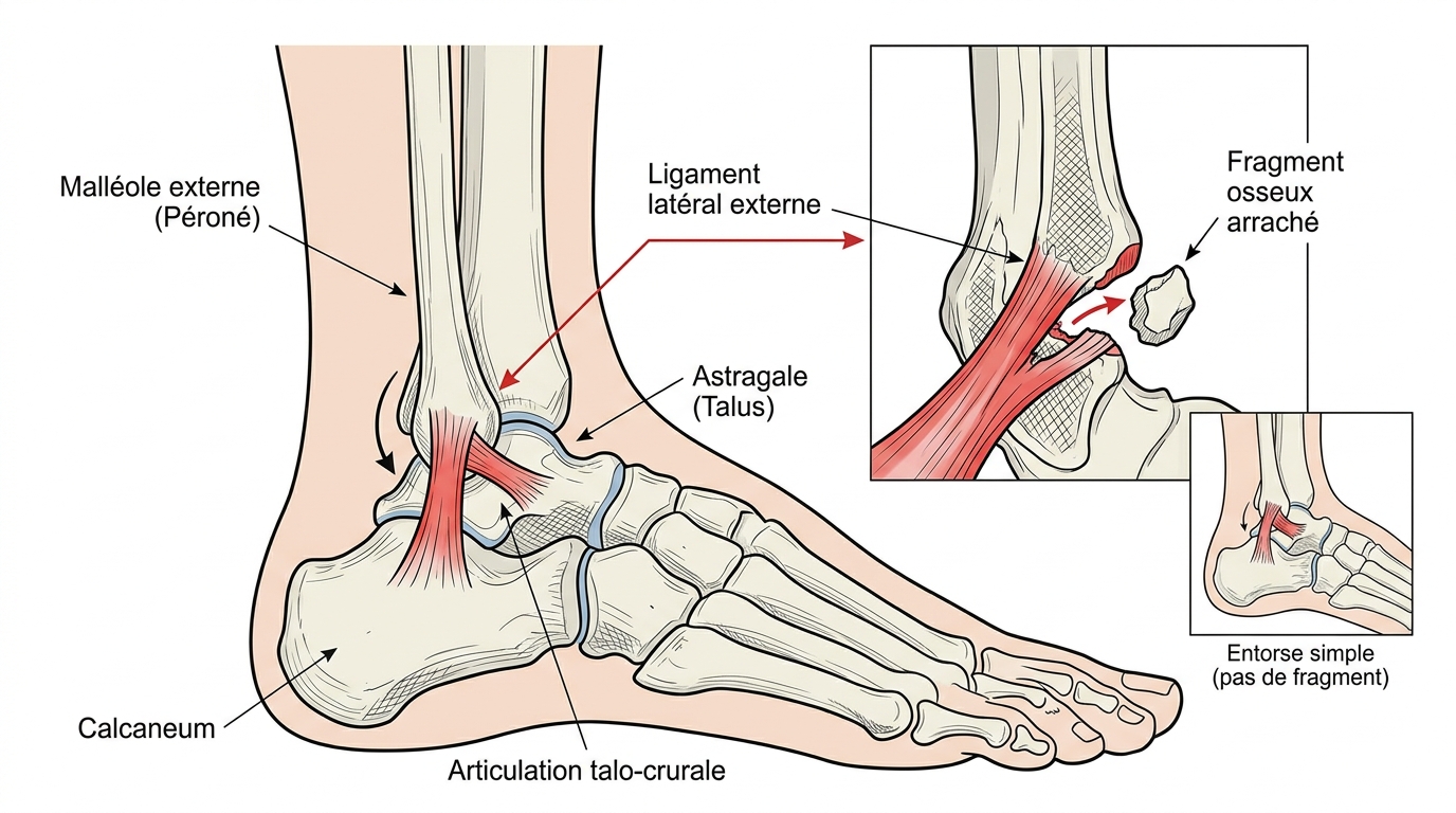 Schéma mécanisme arrachement osseux cheville ligament fragment