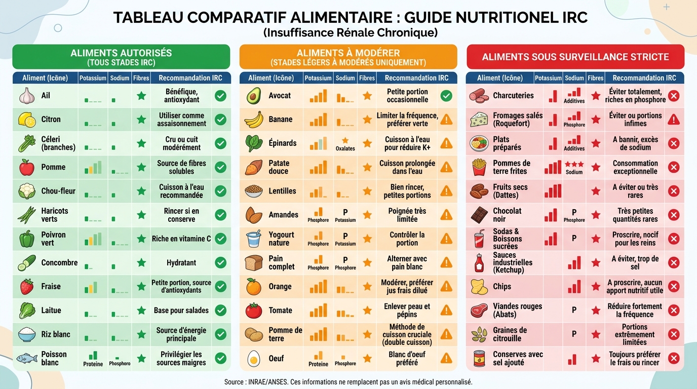 Tableau comparatif nutritionnel potassium sodium fibres des 12 aliments pour les reins