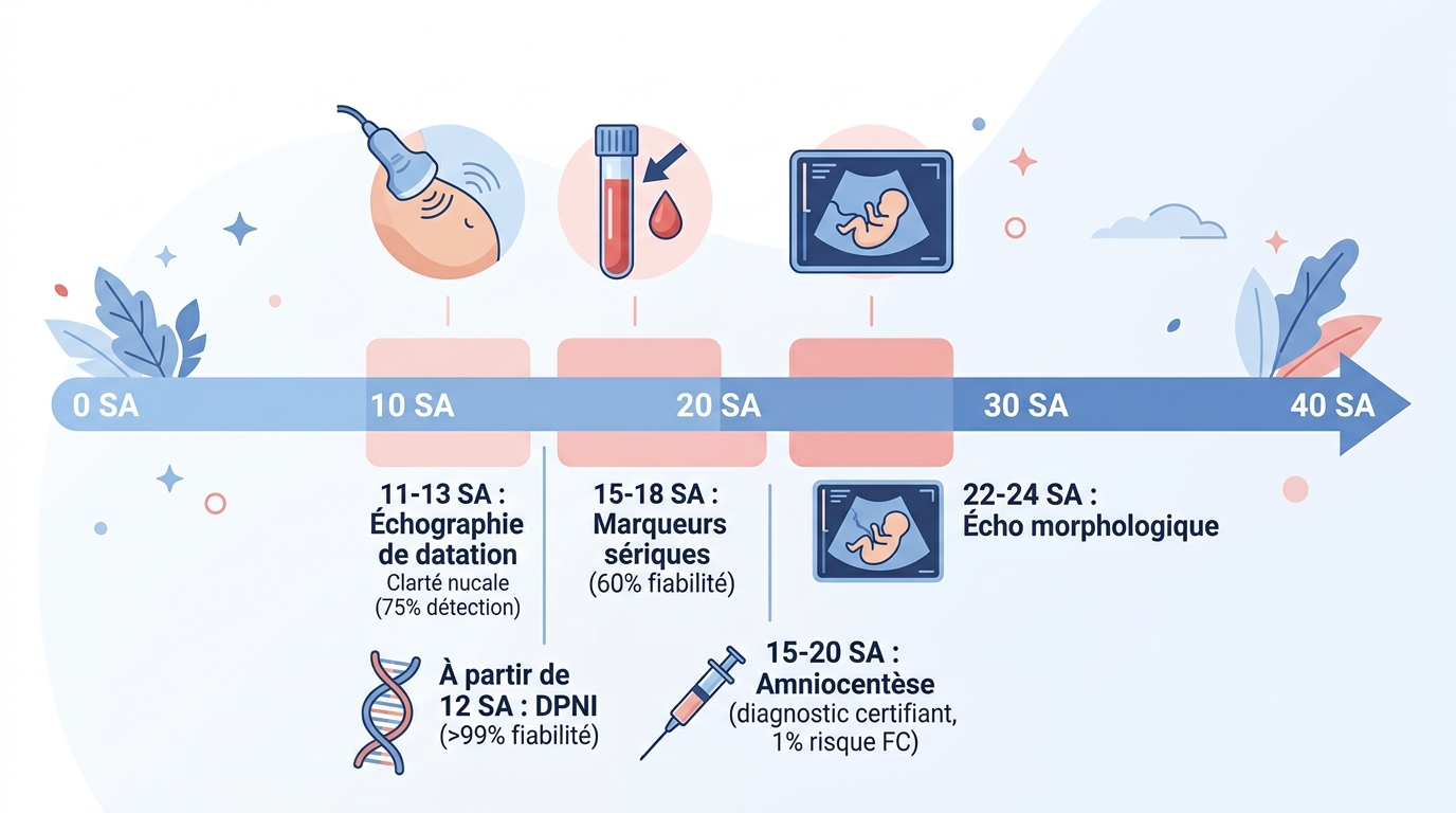 Timeline dépistage trisomie 21 grossesse clarté nucale DPNI amniocentèse