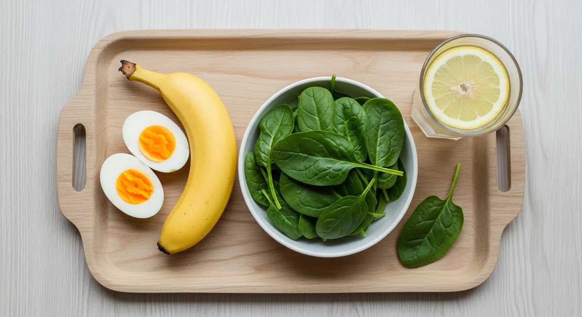 Assiette régime œuf banane avec œufs durs et épinards