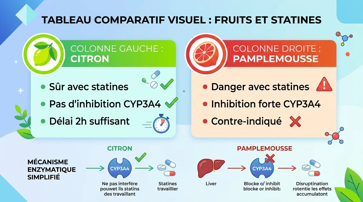 Tableau comparaison citron sûr versus pamplemousse danger médicaments cardiaques