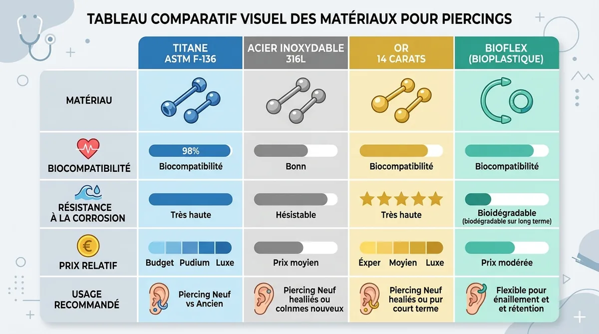 Tableau comparatif matériaux bijoux piercing titane acier or bioflex