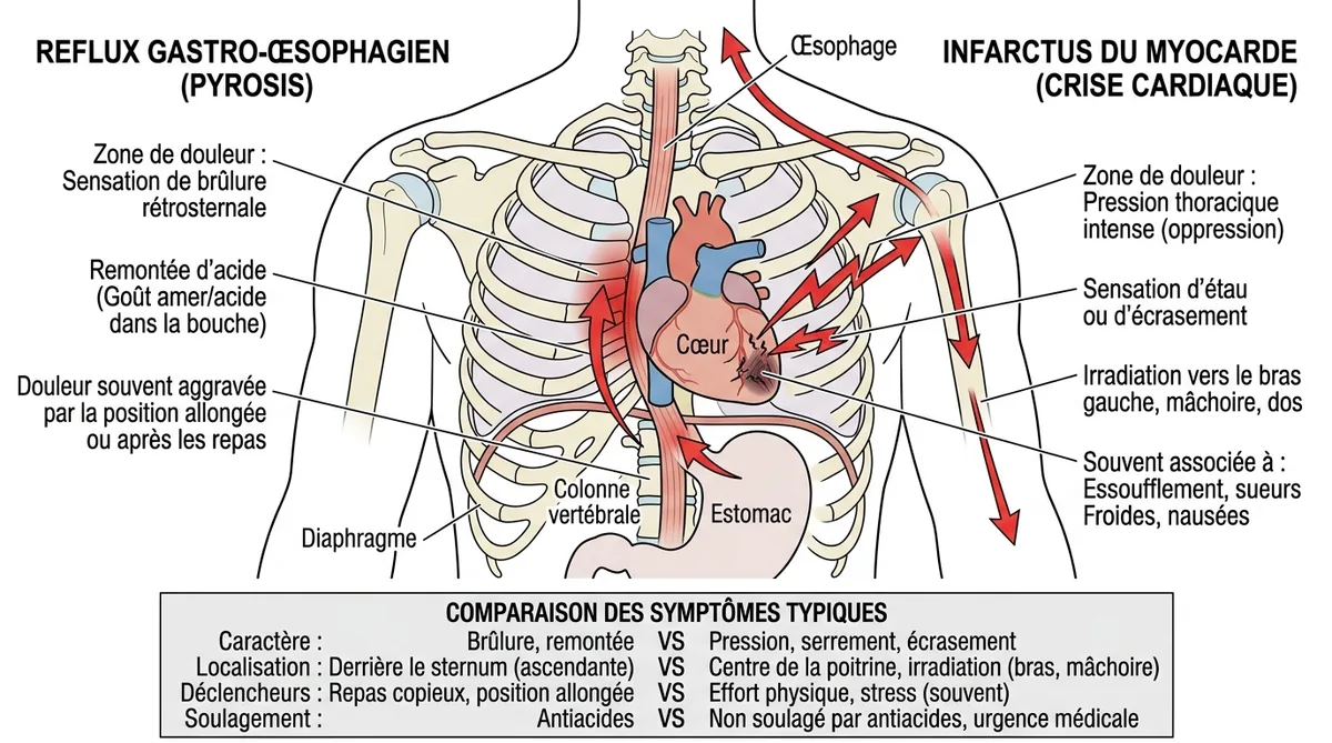 Schéma différence douleur reflux gastrique et crise cardiaque localisation