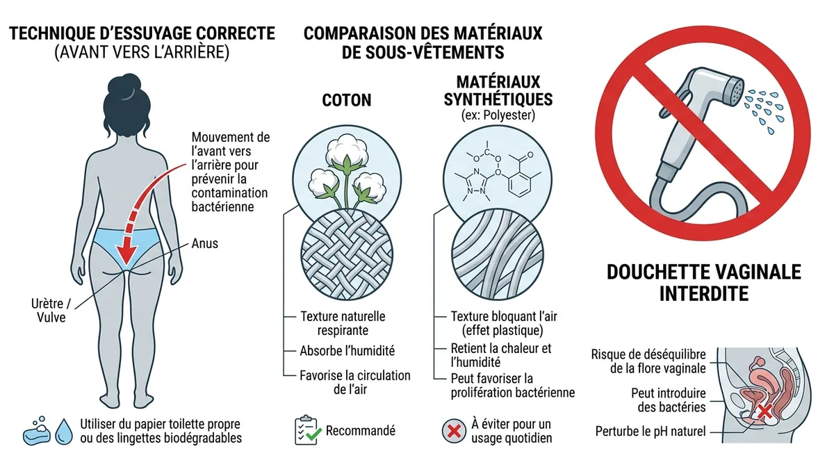 Schéma essuyage intime correct avant arrière et choix coton synthétique