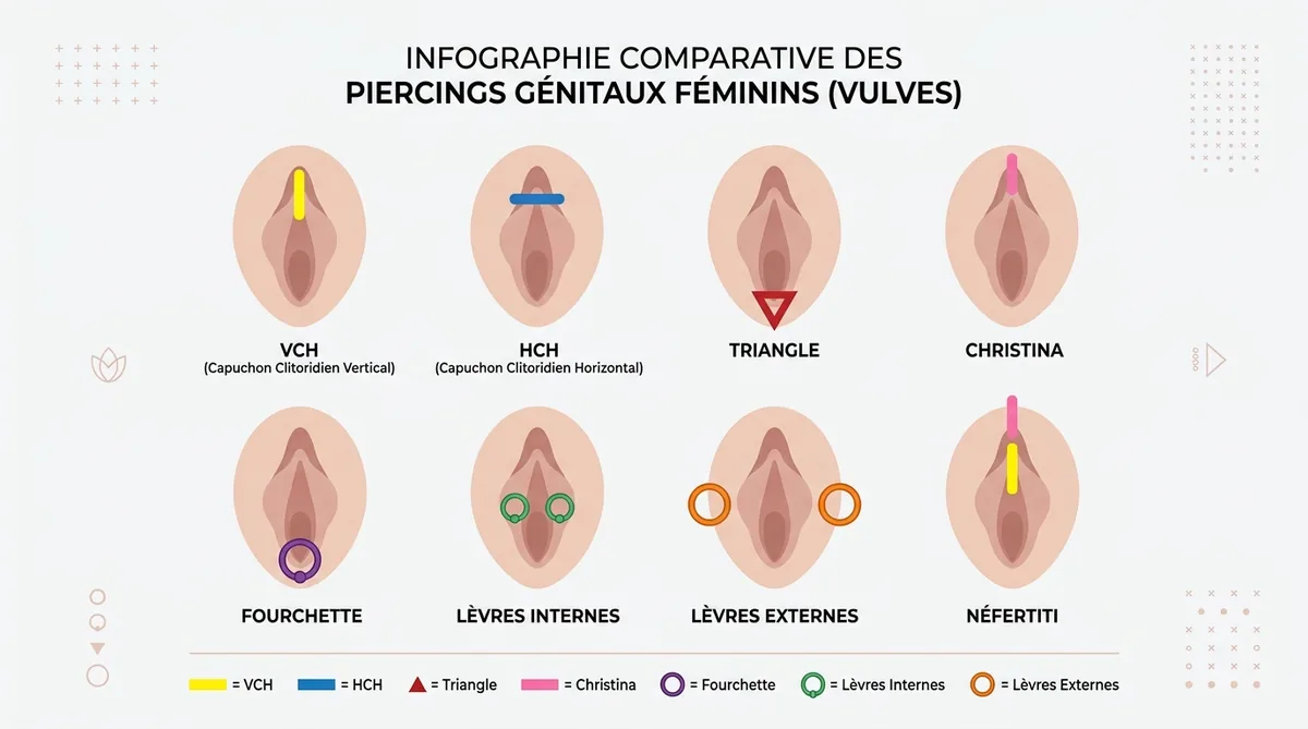 Infographie des 8 types de piercings génitaux féminins et leurs positions