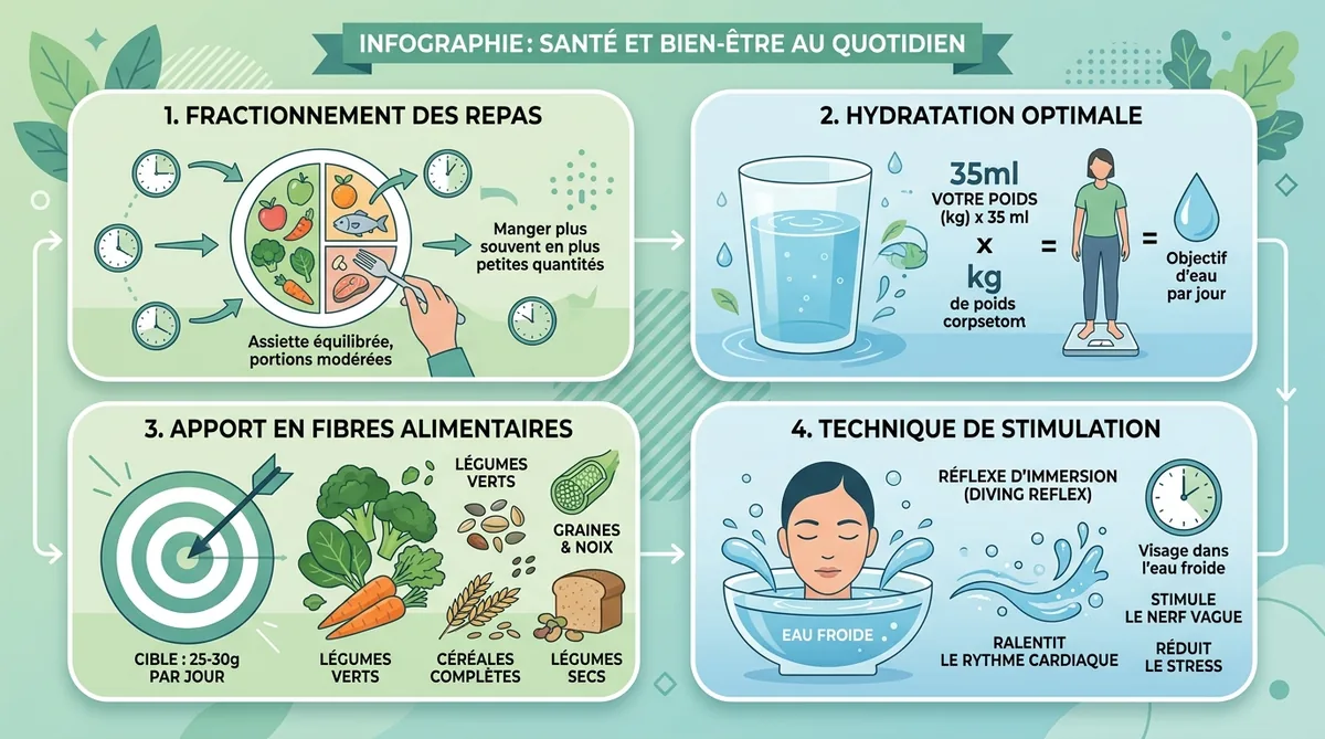 Infographie prévention malaise vagal alimentation fibres hydratation stimulation