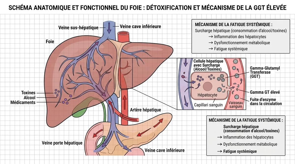 Schéma mécanisme Gamma GT élevé et fatigue chronique