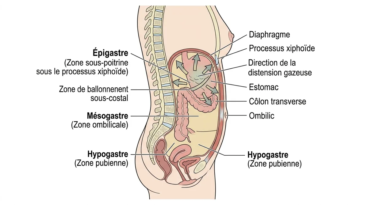 Schéma anatomique zone épigastre sous poitrine femme