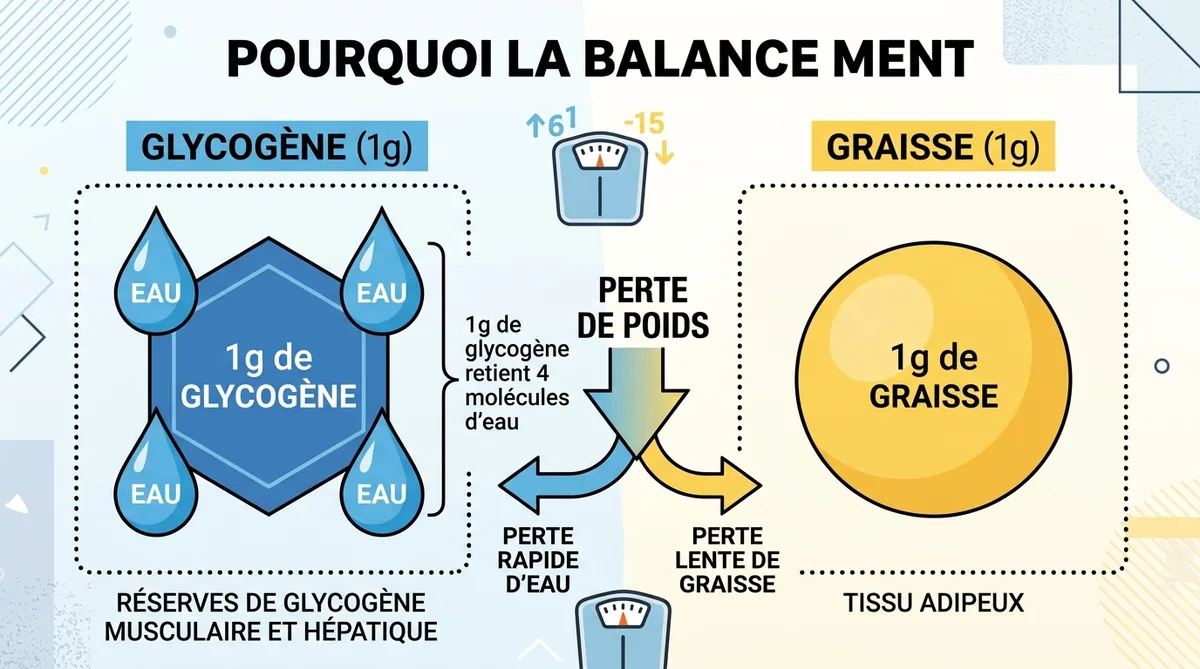 Schéma explicatif perte eau glycogène vs graisse régime œuf