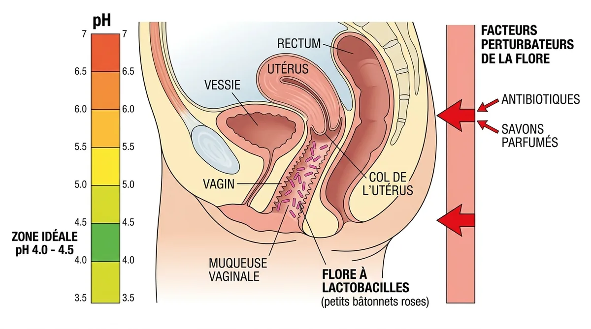 Schéma pH vaginal normal et flore lactobacilles protectrice