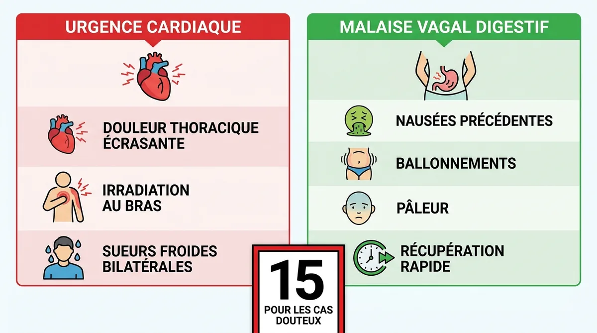 Tableau comparatif symptômes malaise vagal digestif vs crise cardiaque infarctus