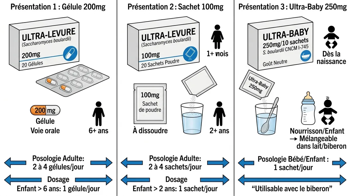 Schéma des formes galéniques ultra-levure gélule sachet bébé