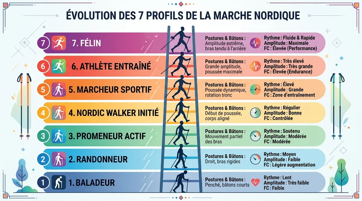 Schéma des 7 profils types du marcheur nordique du débutant au félin