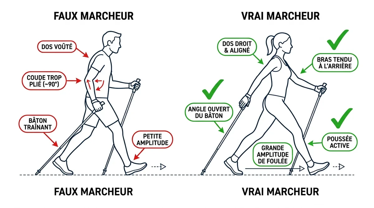 Comparaison posture correcte vs erreurs techniques marcheur nordique débutant
