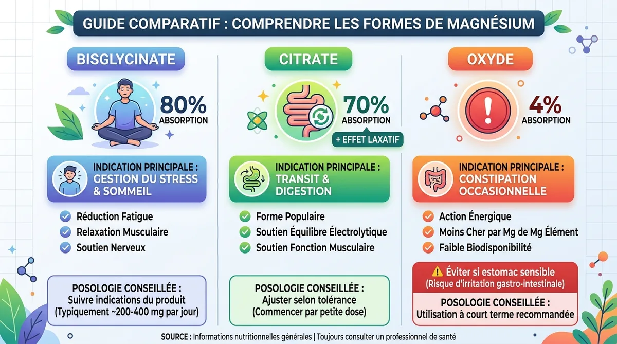 Tableau comparatif formes magnésium bisglycinate citrate oxyde
