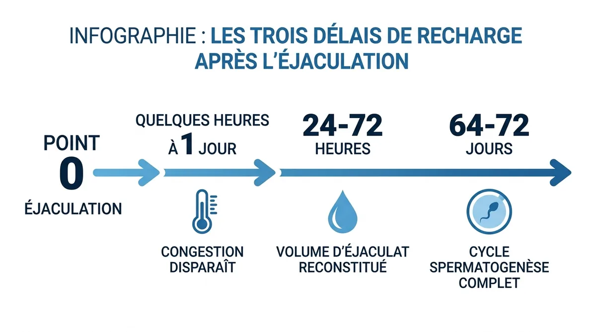 Infographie frise chronologique des trois délais de recharge testiculaire après éjaculation