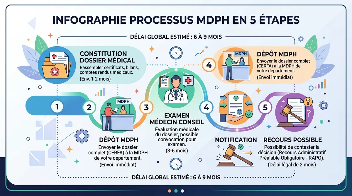 Infographie étapes démarche invalidité arthrodèse MDPH CPAM