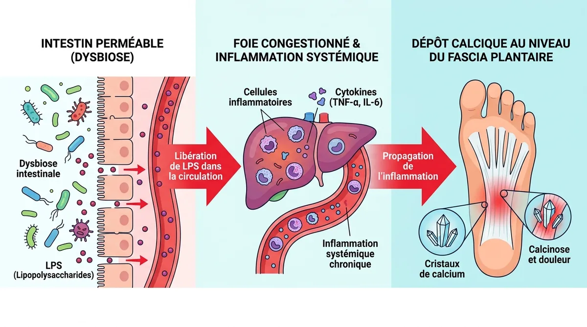 Infographie mécanisme inflammation intestin foie épine calcanéenne