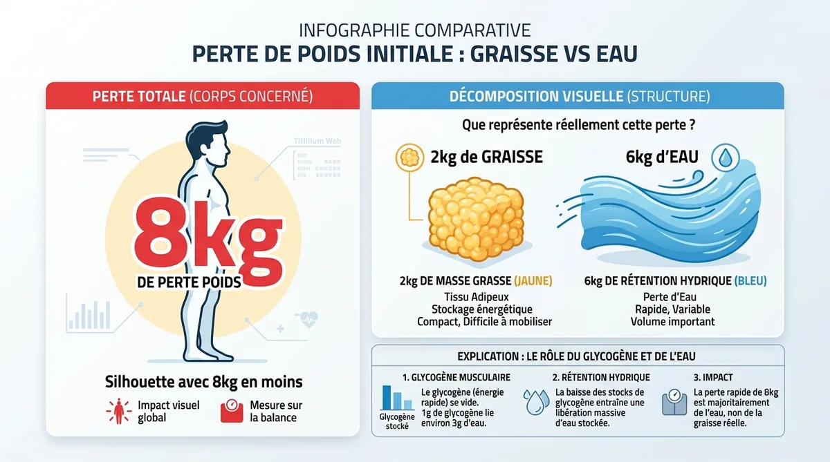 Infographie comparaison perte 8 kilos eau vs graisse régime militaire