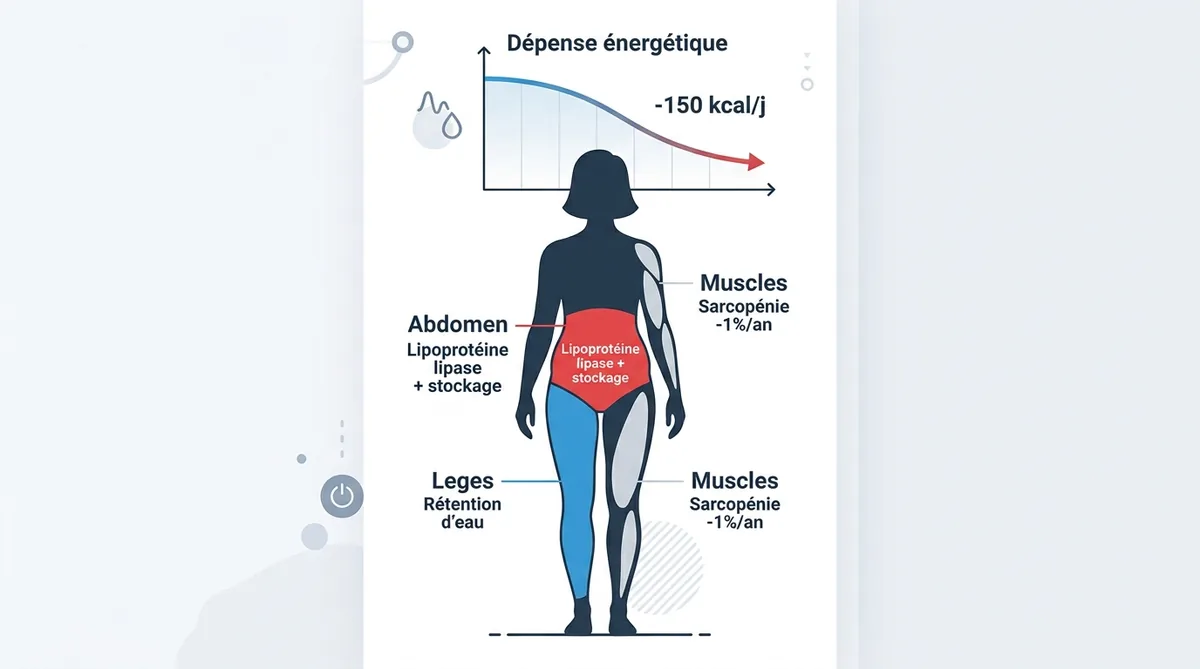 Infographie mécanismes prise de poids ménopause sarcopénie métabolisme
