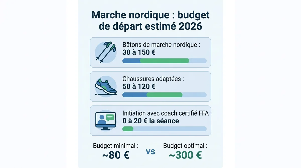 Infographie budget équipement marche nordique bâtons chaussures cours 2026