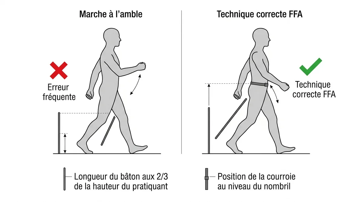 Schéma comparatif technique correcte et marche à l'amble marche nordique
