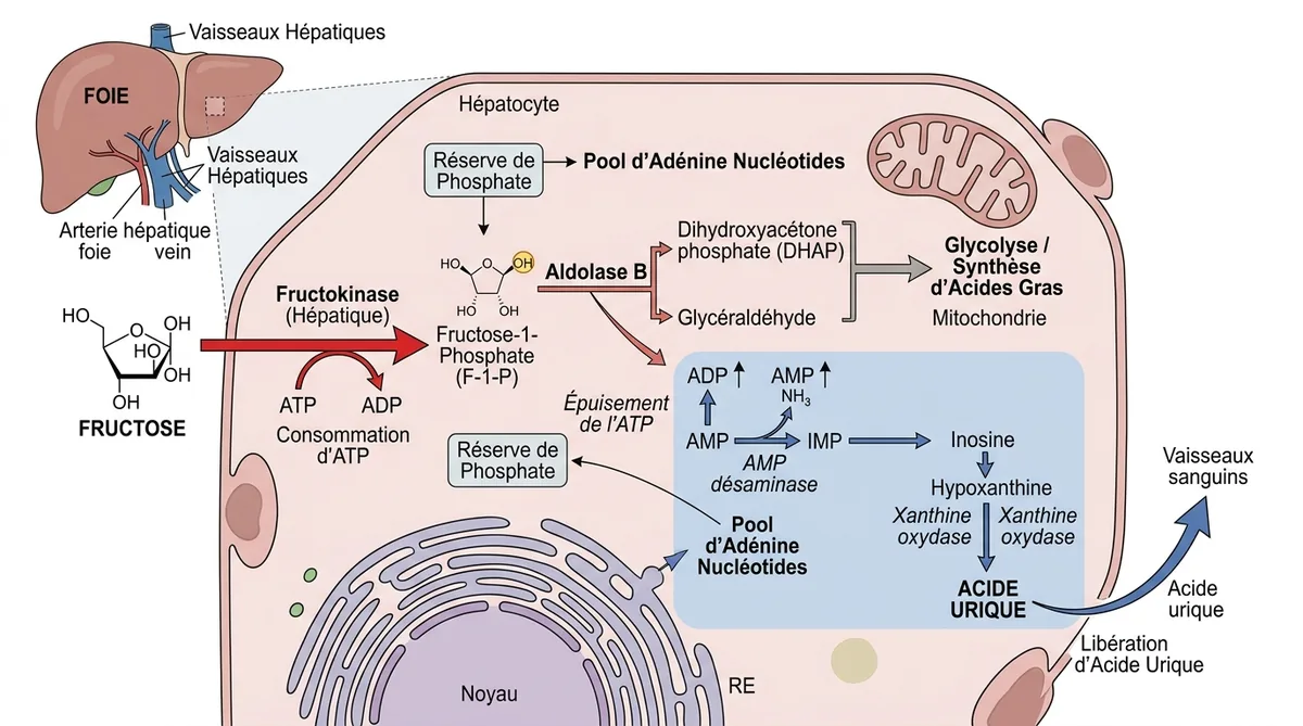 Schéma métabolique du fructose transformé en acide urique dans le foie