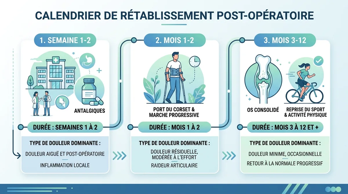 Timeline des 3 phases de douleur après arthrodèse lombaire et cervicale