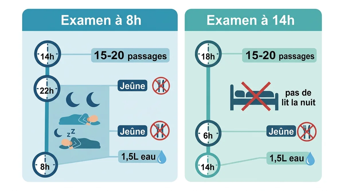 Infographie timeline Picoprep examen matin versus après-midi