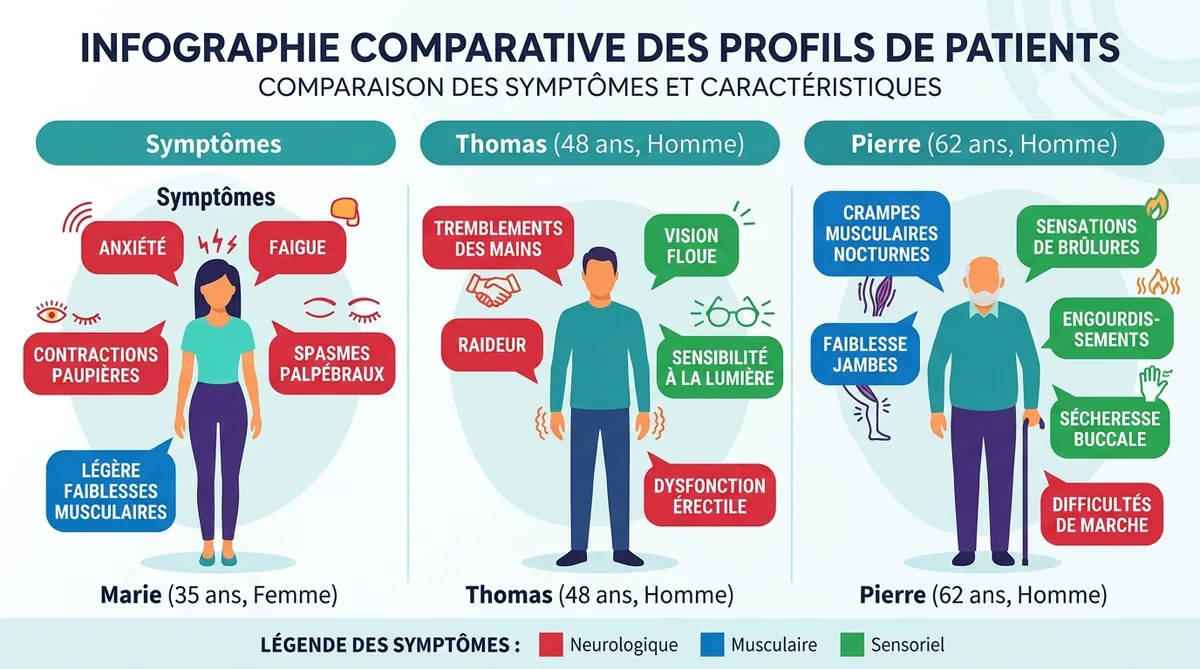 Infographie 3 profils carence magnésium symptômes par âge et sexe
