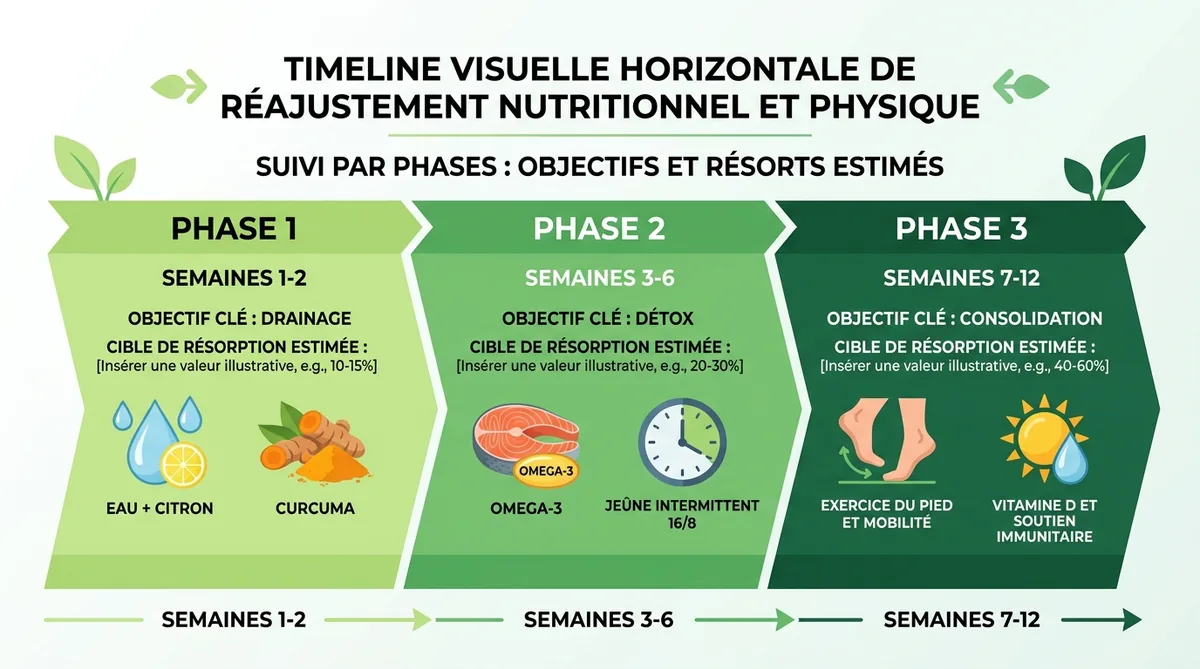 Timeline protocole 3 phases guérison épine calcanéenne 12 semaines