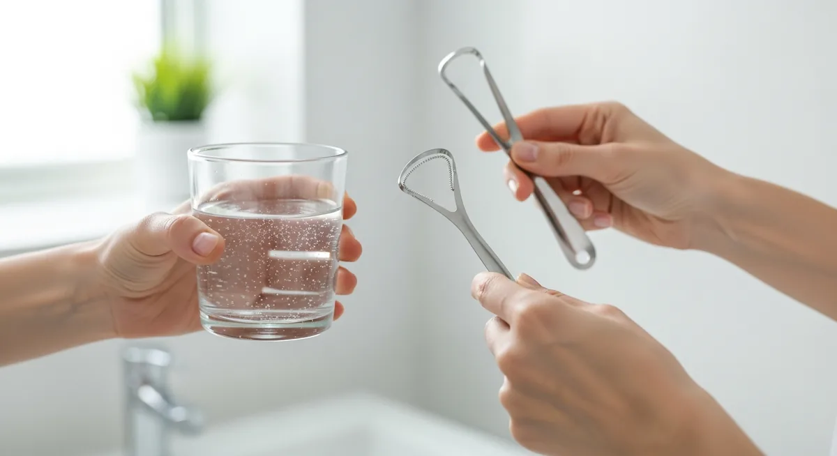 Protocole élimination caséum : verre eau salée et gratte-langue
