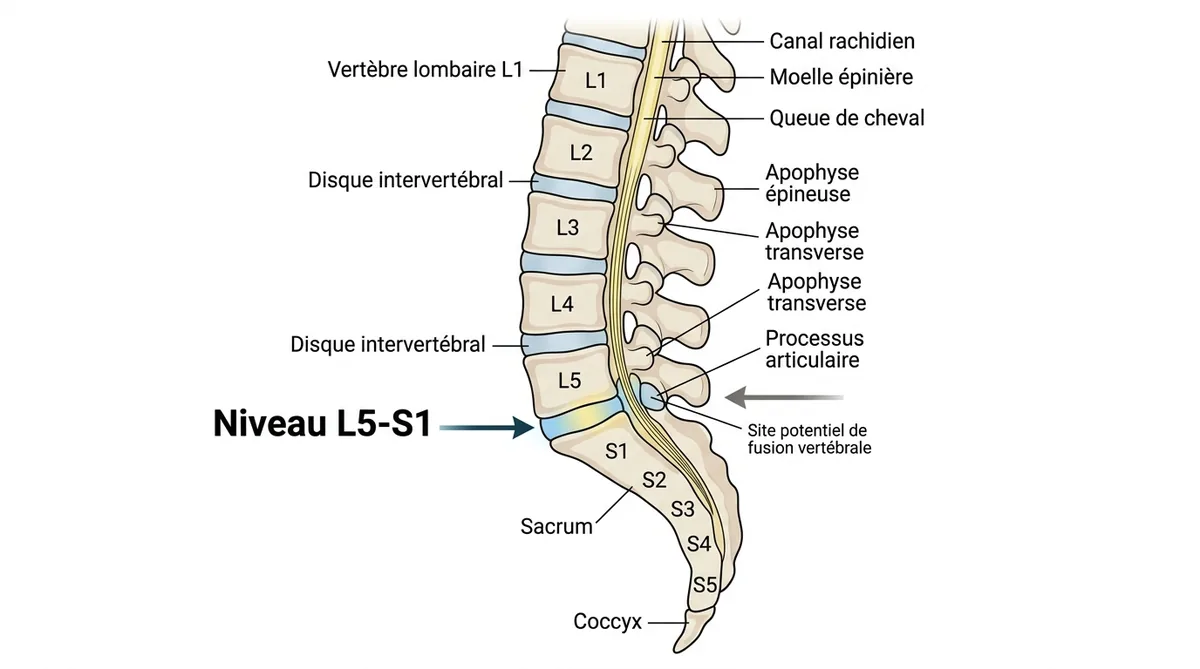 Schéma anatomique du rachis lombaire montrant le niveau L5-S1 fusionné
