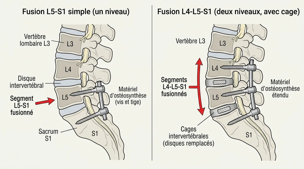 Schéma comparaison arthrodèse L5-S1 et L4-L5-S1