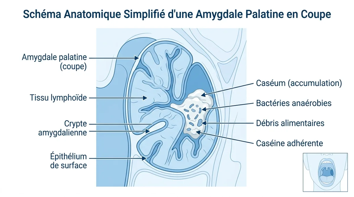 Schéma formation caséum dans cryptes amygdaliennes