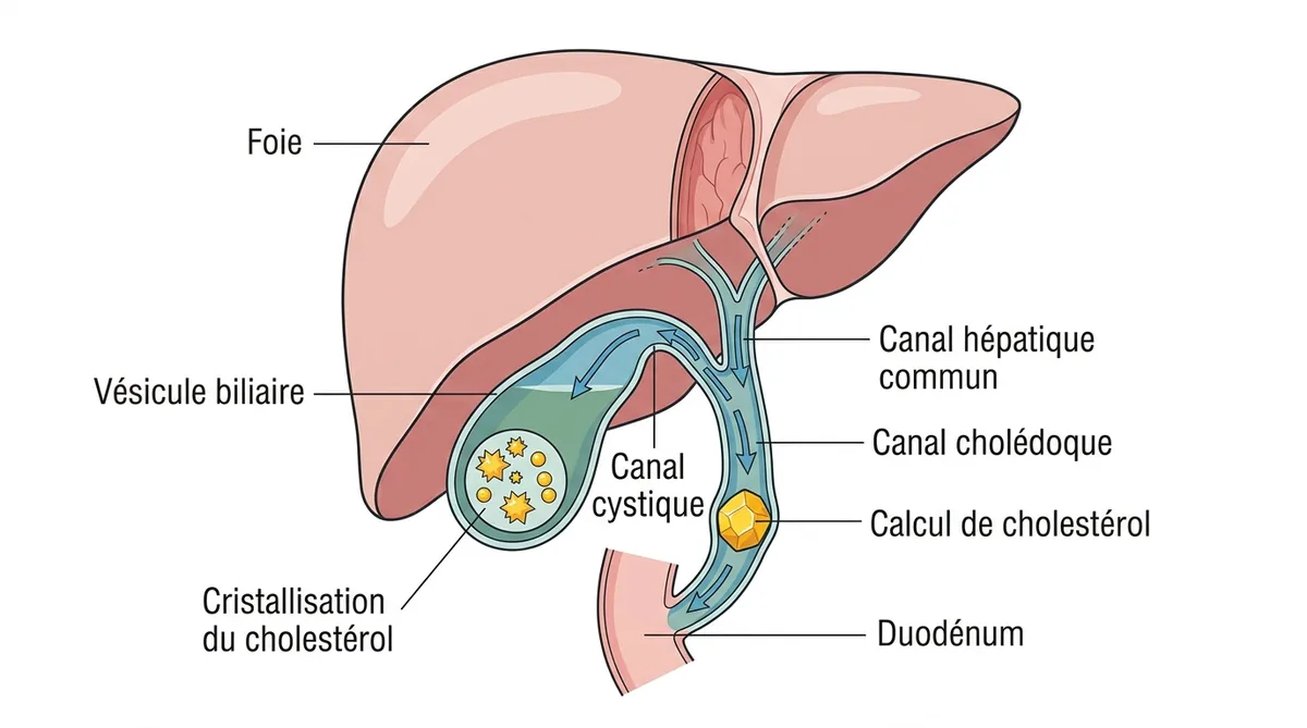Schéma anatomique vésicule biliaire avec calcul de cholestérol