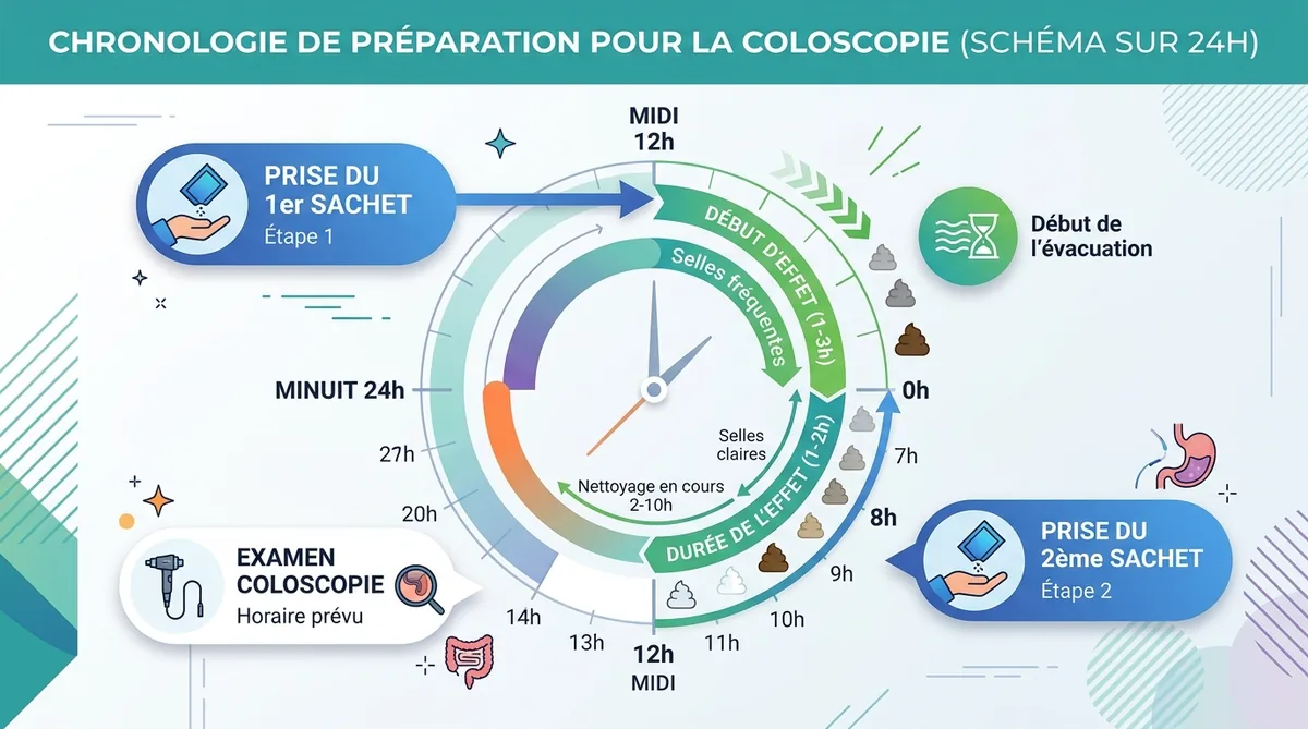 Timeline horloge Picoprep délai d'action coloscopie protocole ANSM