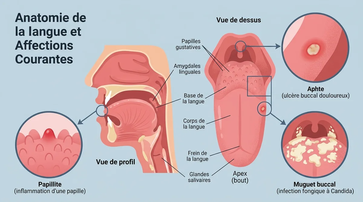 Schéma différenciation bouton langue papillite aphte muguet