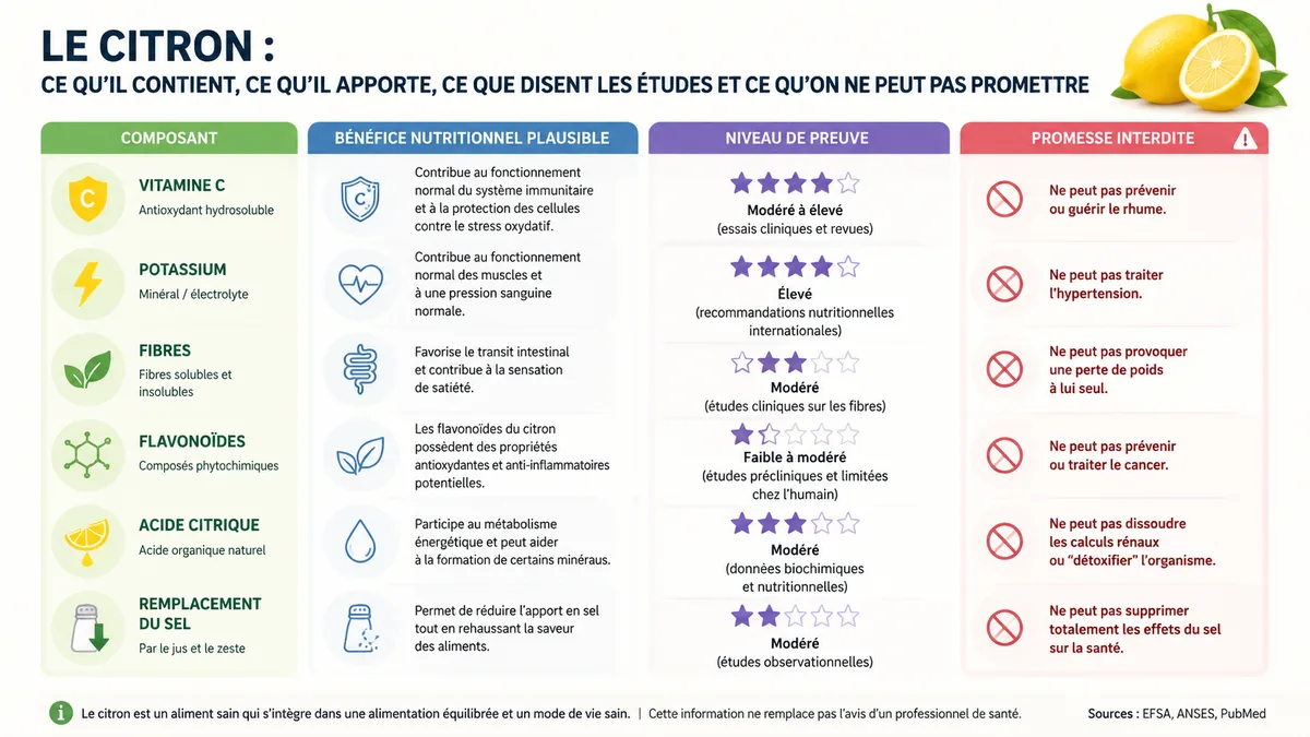 Infographie des apports du citron et niveaux de preuve