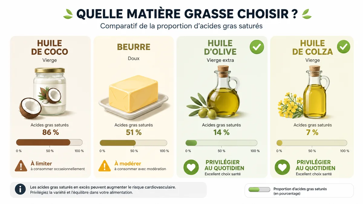 Comparatif huile de coco, beurre, olive et colza
