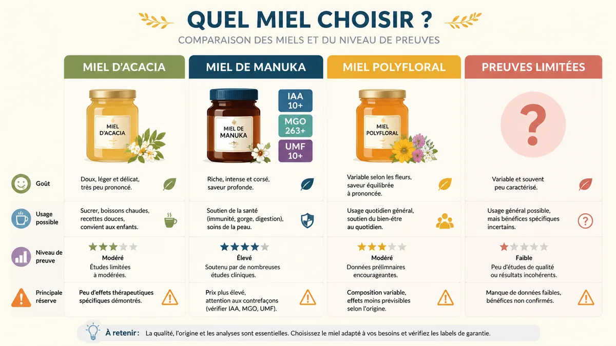 Comparatif visuel des miels acacia Manuka et polyfloral