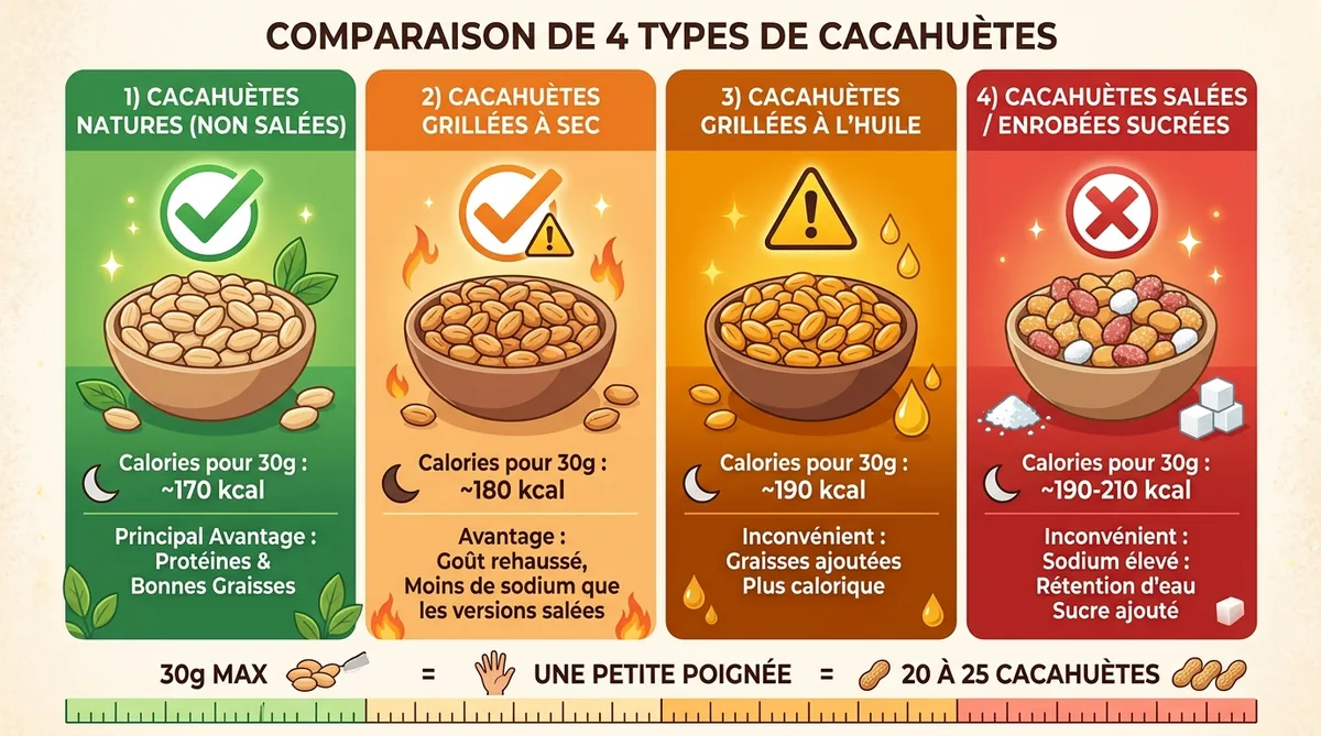 Comparatif visuel des types de cacahuètes recommandés le soir en portion 30g